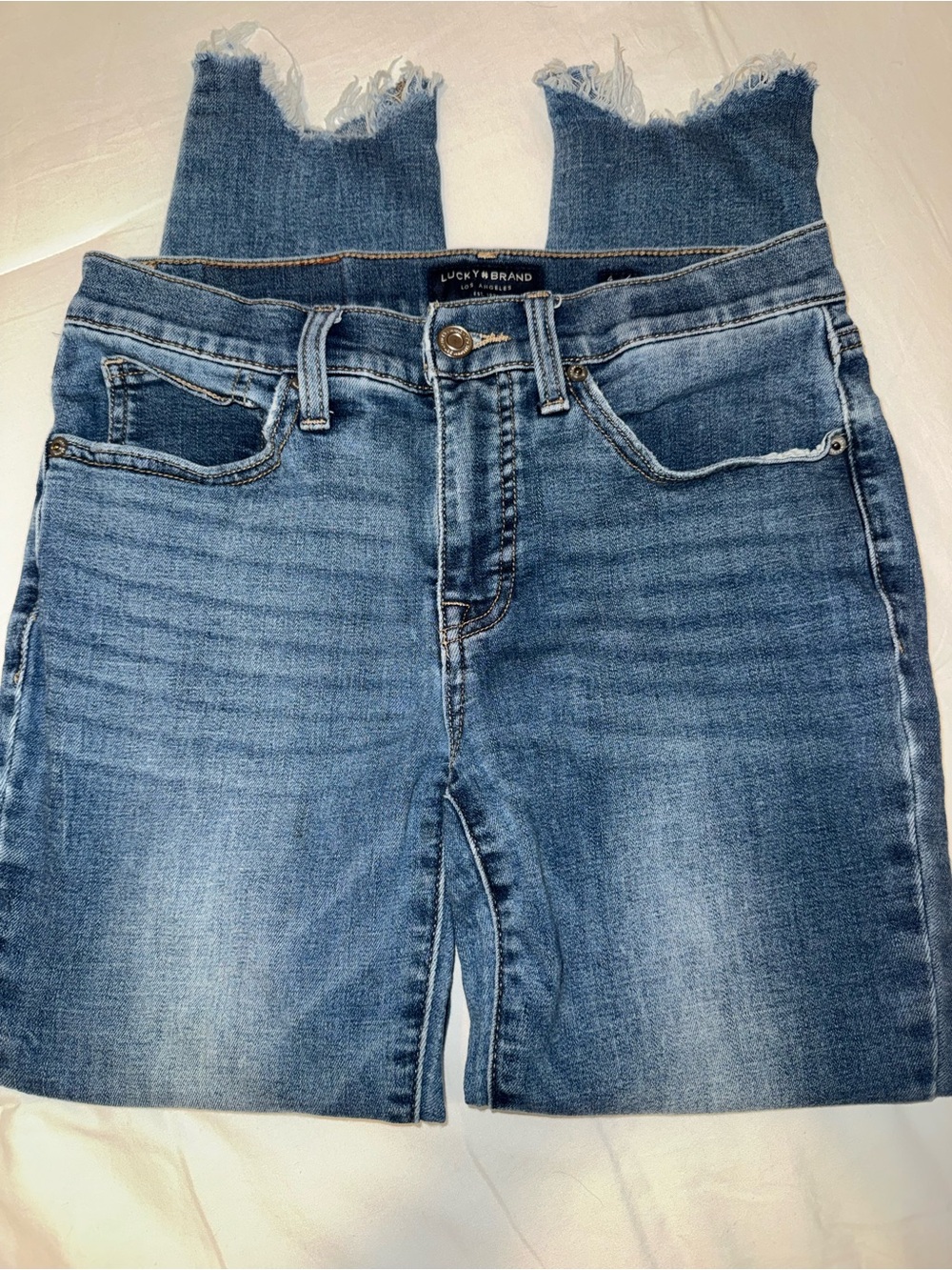 Lucky Brand Medium Blue Frayed Hem Cropped Jeans